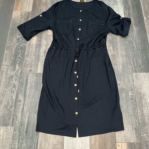St. John Spa Black Jersey Button Roll Tab Sleeve Blouson Dress NWT $595 - Picture 6 of 10
